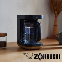 STAN 美型雙重加熱咖啡機 EC-XAF30，黑色機身搭配金色底座，配有透明玻璃咖啡壺，壺身有刻度標示。