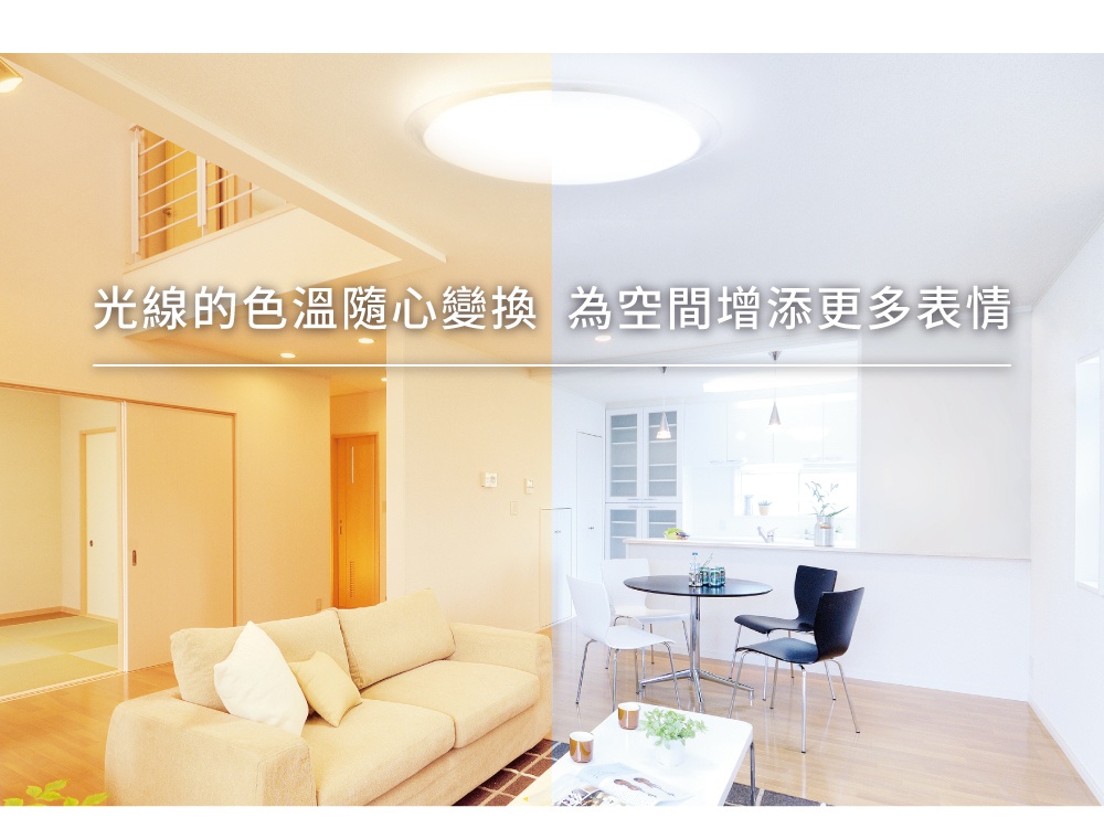 LED可調光調色半透明圓框吸頂燈，安裝於現代客廳上方，營造溫暖或明亮的空間氛圍。