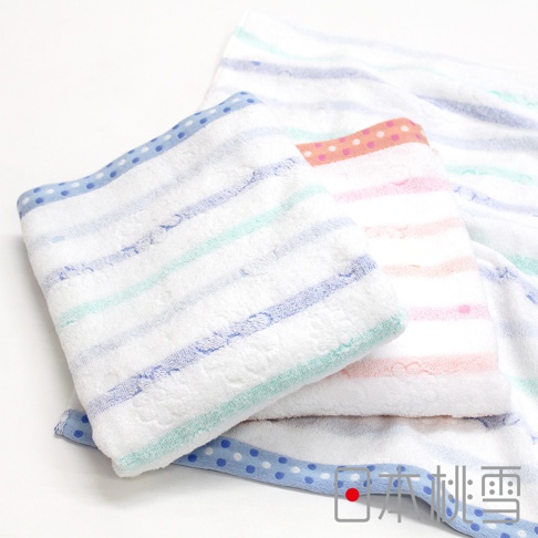 今治小花毛巾，白色底布，織有藍色、薄荷綠、粉色和橘色的條紋，以及藍色圓點滾邊。