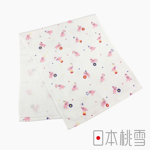 白色紗布毛巾，印有粉紅色小象與馬戲團表演圖案，點綴藍色星星及紅色小圓點。