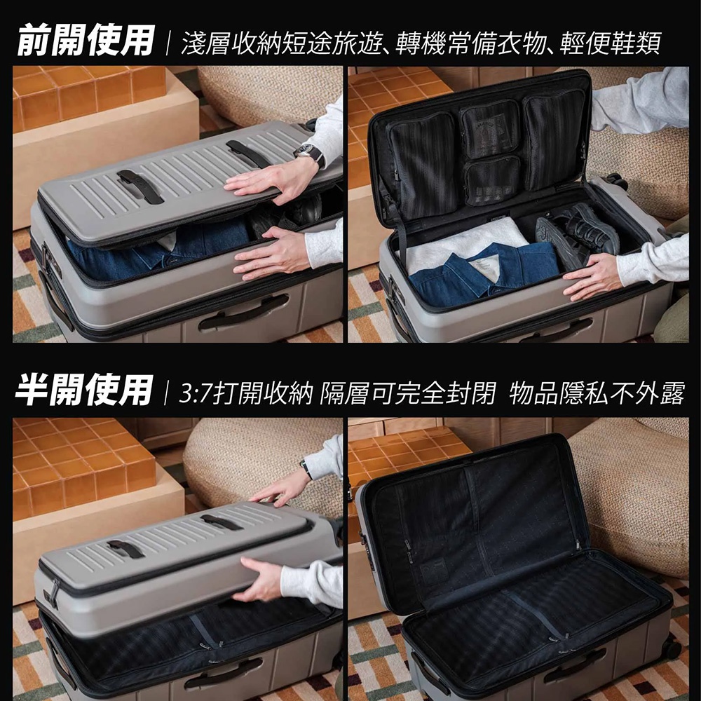 圖片文字：前開使用 淺層收納短途旅遊轉機常備衣物輕便鞋類 半開使用 3:7打開收納 隔層可完全封閉 物品隱私不外露