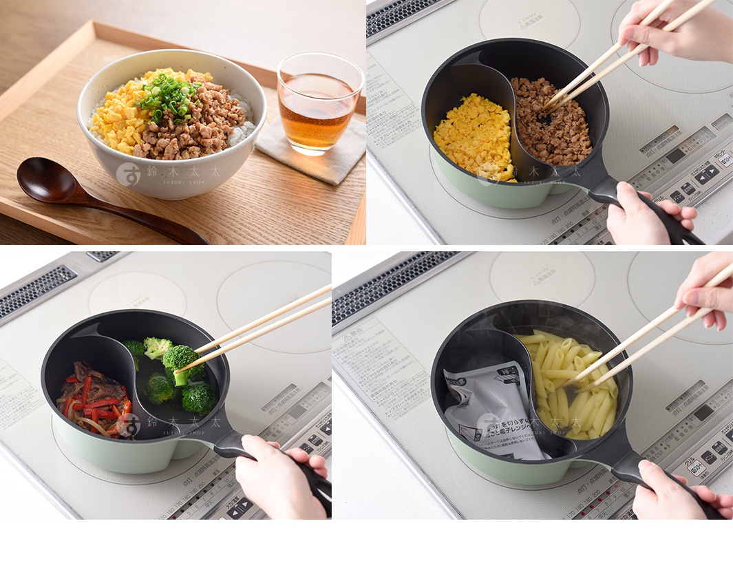 Arnest 鴛鴦料理鍋中，左側鍋內裝有炒蛋和肉末，右側鍋內裝有蔬菜和通心粉，分別在瓦斯爐上烹煮。