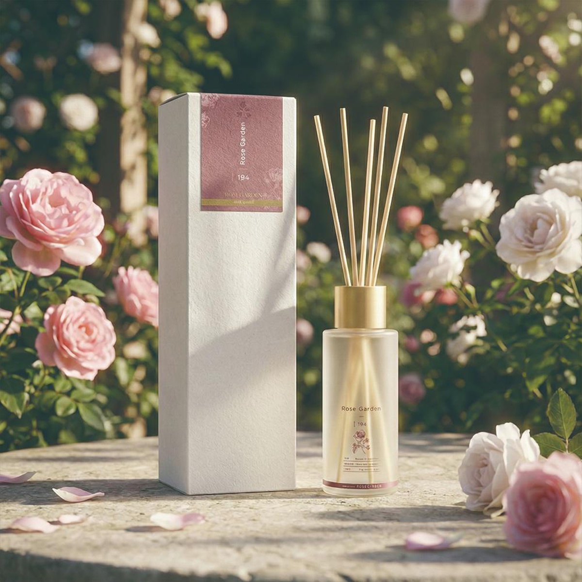 Rose Garden 擴香竹產品，瓶身標有 Rose Garden 字樣，置於石桌上，背景為盛開的玫瑰花叢。