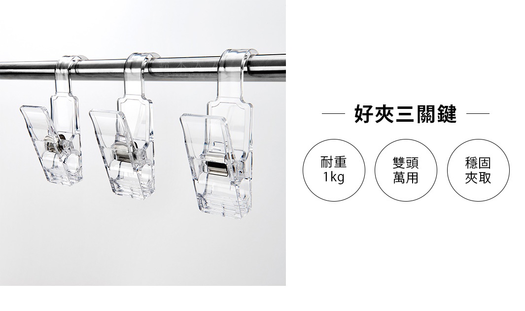 三個透明壓克力材質的雙頭萬用掛式小物夾，夾在金屬掛桿上，呈現堅固的夾取狀態。