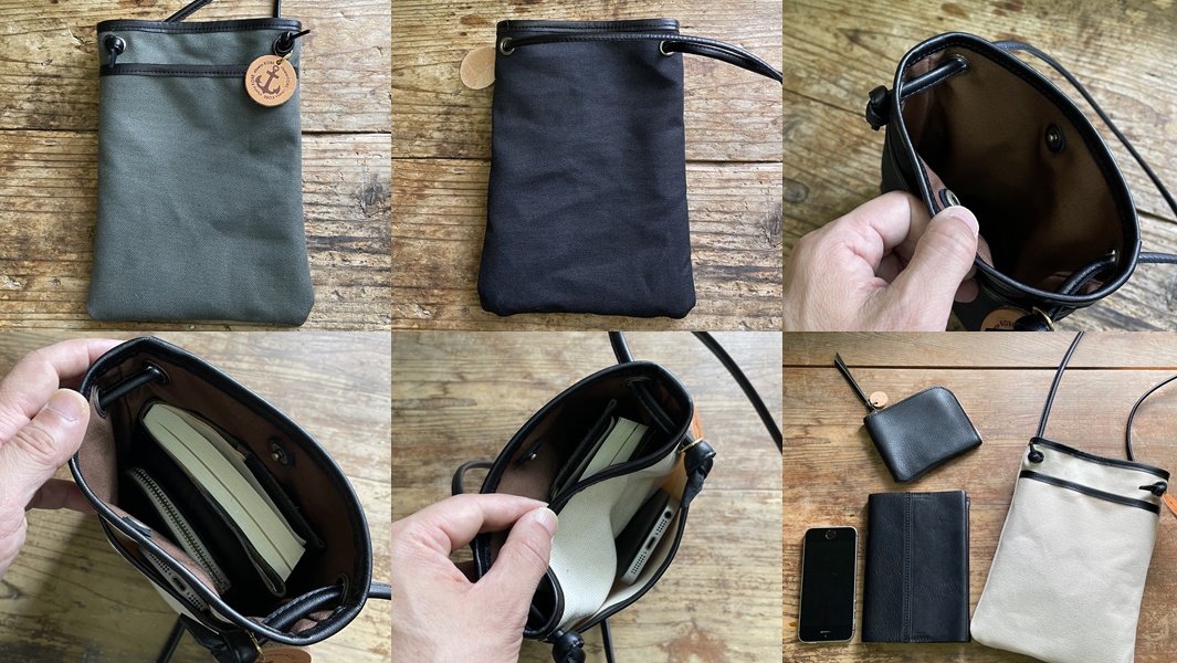 Uncle高島帆布皮革散步包，展示有灰色、黑色和米白色三款，帆布包身搭配皮革飾邊，束口設計，附有可拆卸皮革吊飾。