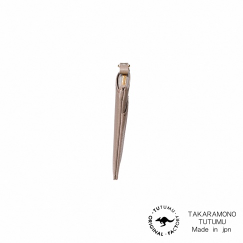 TUTUMU 義大利皮革長夾，展示其側邊視角，搭配品牌標誌與 Made in jpn 字樣。