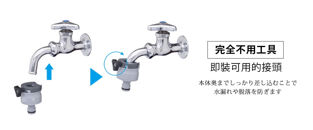 銀色金屬水龍頭，搭配灰色和白色塑膠接頭，展示如何將接頭安裝至水龍頭末端。