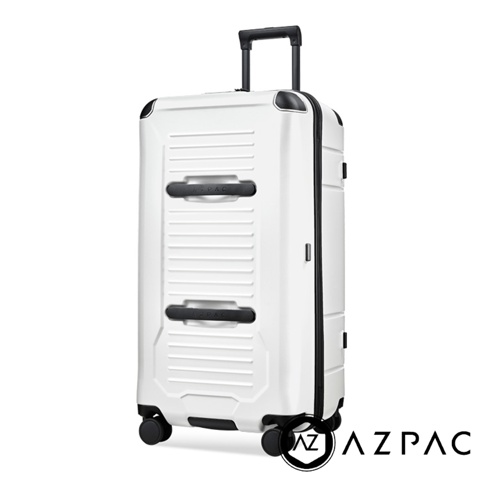 AZPAC Trucker 3.0 30吋白色煞車防爆行李箱，具有黑色提把和輪子，側面有品牌標誌。