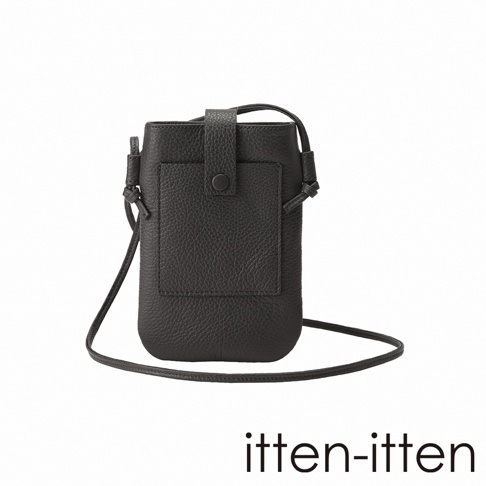 itten-itten BOLLA 義大利皮革散步手機包，黑色荔枝紋皮革，附有長背帶與外層小口袋