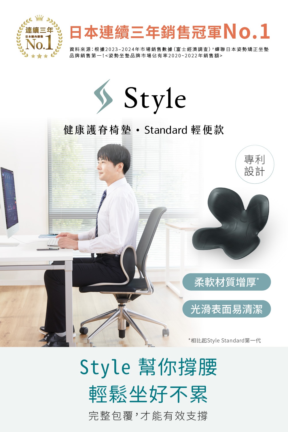 Style Standard II 美姿調整椅 II 輕便款，連續三年日本銷售冠軍，強調健康護脊、輕鬆坐好不累的特色，並以專利設計、柔軟材質和光滑易清潔的表面為賣點。