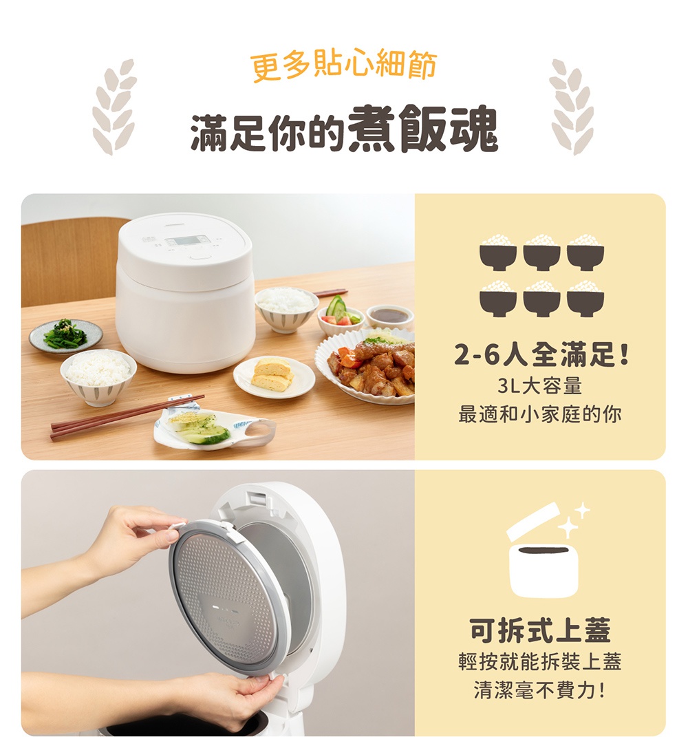 圖片文字：更多貼心細節 滿足你的煮飯魂 2-6人全滿足！ 3L大容量 最適和小家庭的你 可拆式上蓋 輕按就能拆裝上蓋 清潔毫不費力！