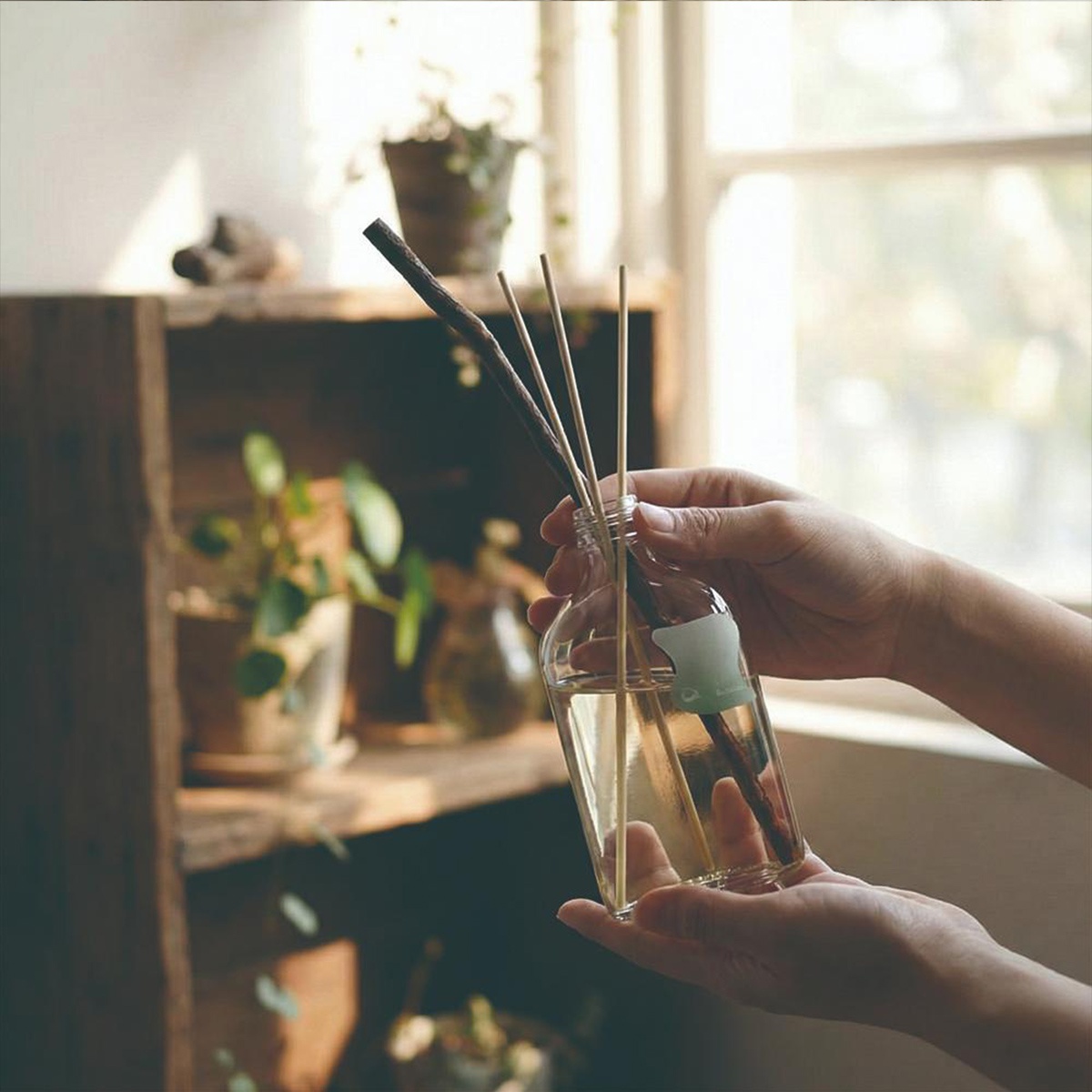 手上拿著一瓶裝有淡黃色液體的玻璃擴香瓶，瓶內插著幾根擴香竹，瓶身貼有綠色貼紙。