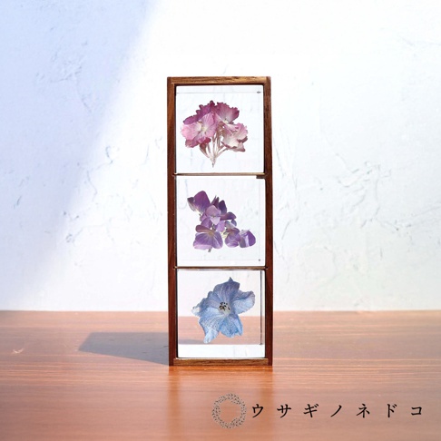 木質框架的三層立方體展示架，內含粉色、紫色和藍色乾燥花。