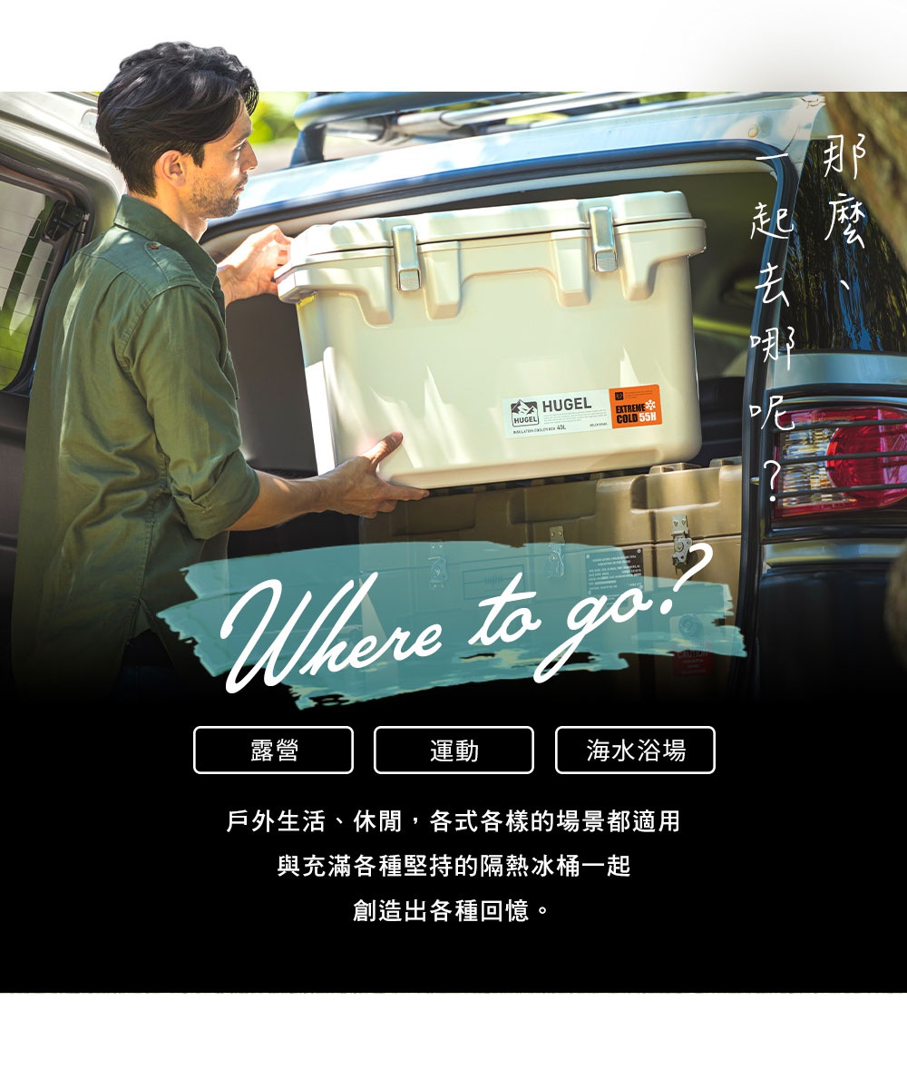 HUGEL 真空隔熱冰桶 VITC-20 (米白色)，男性將其放入汽車後座，冰桶為硬質塑膠材質，帶有提把與鎖扣，上面貼有品牌標籤。