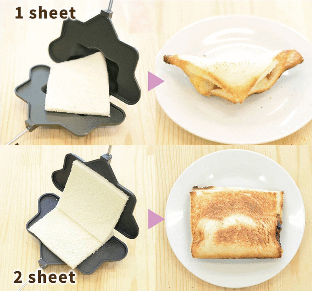 黑色金屬熱壓三明治烤夾，用於製作單片或雙片三明治，烤夾內有白色吐司，成品三明治呈金黃色。