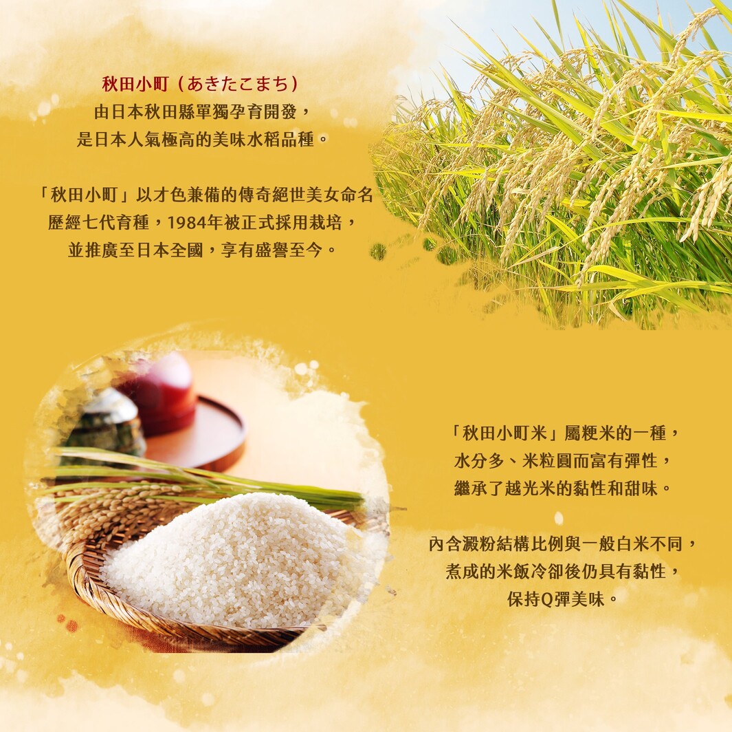 一碗堆積如山的白色糙米飯，旁邊放著稻穗、一個紅色碗和一個銀色蓋子。背景是金黃色的稻田，上方有藍天。