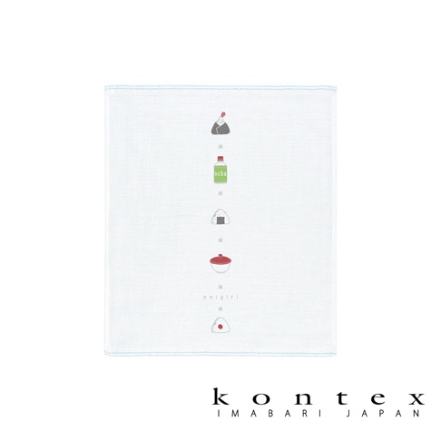 白色二層紗紗布巾，印有日式食物圖案，包括飯糰、綠色抹茶瓶和紅蓋碗。