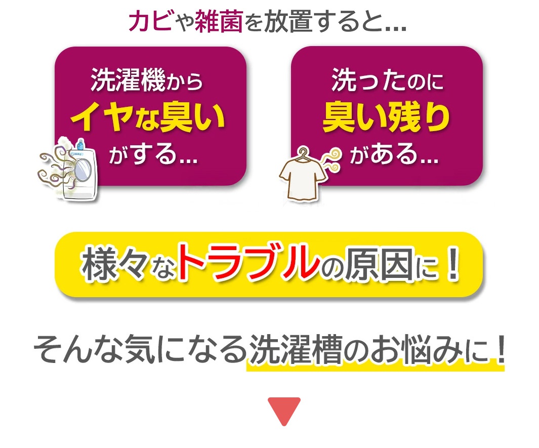 黴菌和細菌滋生時...洗衣機發出難聞的氣味...洗過後仍有異味...這會導致各種問題！針對您對洗衣槽的煩惱！