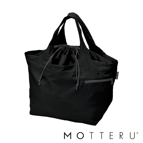 黑色大容量摺疊環保隨行袋，採用尼龍材質，束口設計，附有拉鍊外袋。