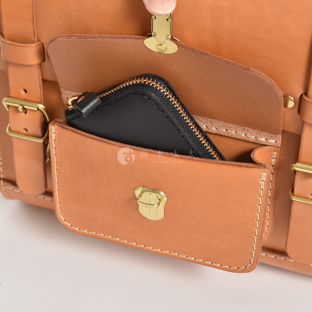 職人手作皮革學院風三用迷你後背包 BC-5，展示皮革材質的棕色迷你後背包，打開的翻蓋內露出一個黑色拉鍊零錢包，背包外部有金屬扣環和縫線細節。