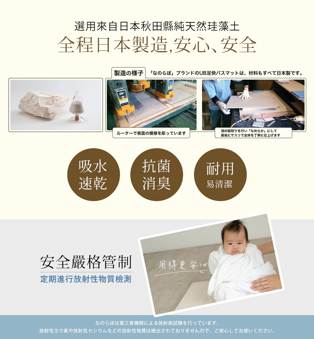 UB珪藻土瞬間吸水置物墊(長形款-M)特寫，展示珪藻土原料、製作過程與產品特色：吸水速乾、抗菌消臭、耐用易清潔，以及嬰兒安全認證。