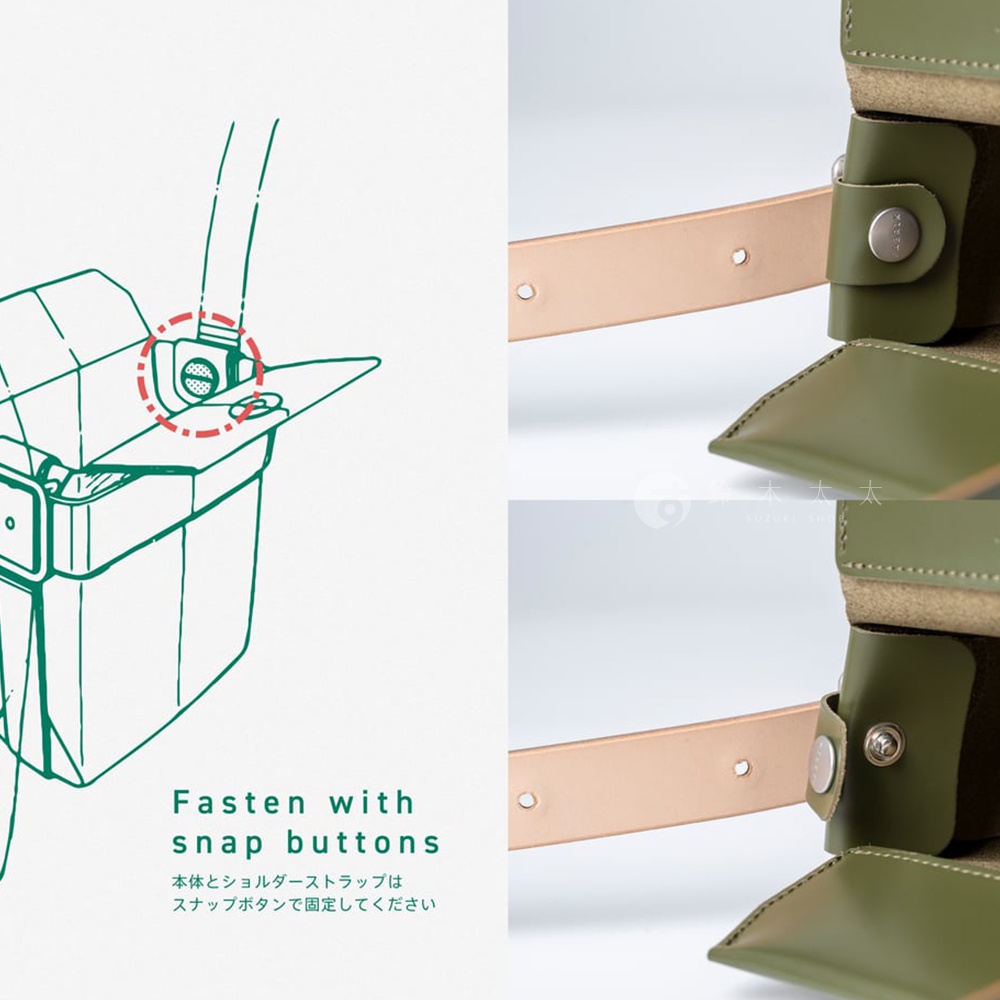 FABRIK 皮革可拆式多用途迷你斜背包，展示皮革背帶透過圓形金屬壓扣固定於包包上的細節，並附有日文說明「本體とショルダー ストラップは スナップボタンで固定してください」（主體與肩帶請用按扣固定）。