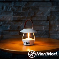 白色 LED 復古燈籠，配有棕色皮革提把，頂部為傘狀燈罩，底部有開關和「AUTO」標誌，置於木桌上，散發溫暖光芒。