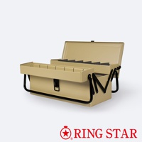 卡其色金屬製的超級工具盒，兩層設計，上方有分隔板，前方有可展開的托盤，黑色提把與結構。