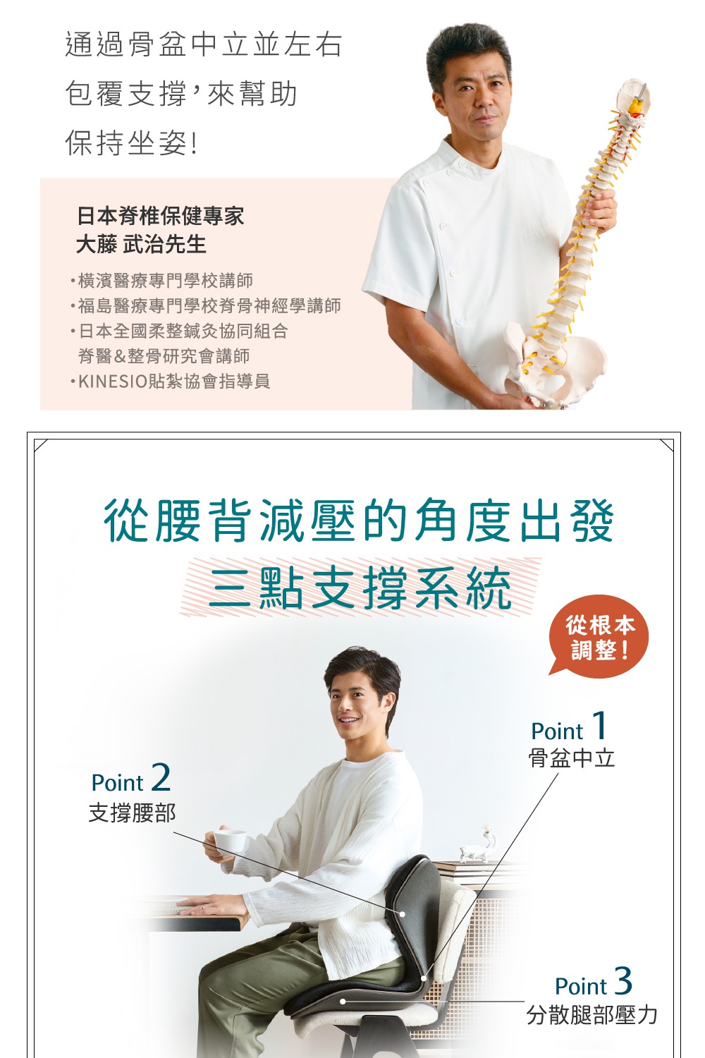 一位穿著白色制服的日本脊骨保健專家手持人體脊椎模型，下方展示了一位年輕男子坐在符合人體工學的椅子上，椅子上有三點標示，分別為「骨盆中立」、「支撐腰部」和「分散腿部壓力」。