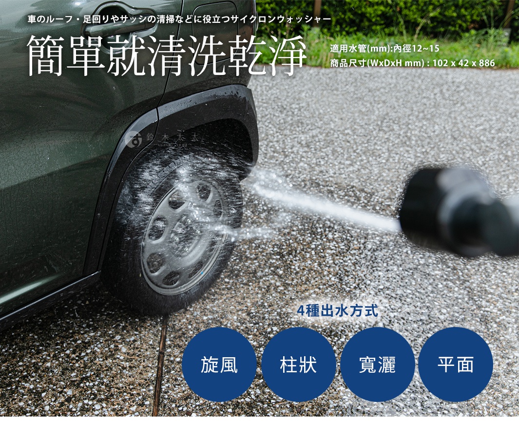 takagi 旋噴頭 G1135BK，為車輛清潔設計，共有旋風、柱狀、寬灑、平面四種出水方式。