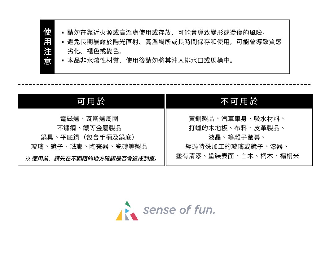 使用注意
請勿在靠近火源或高溫處使用或存放，可能會導致變形或燙傷的風險。
避免長期暴露於陽光直射、高溫場所或長時間保存和使用，可能會導致質感劣化、褪色或變色。
本品非水溶性材質，使用後請勿將其沖入排水口或馬桶中。
可用於: 
電磁爐、瓦斯爐周圍
不鏽鋼、鐵等金屬製品
鍋具、平底鍋（包含手柄及鍋底）
玻璃、鏡子、琺瑯、陶瓷器、瓷磚等製品
※ 使用前，請先在不顯眼的地方確認是否會造成刮痕。
不可用於:
黃銅製品
汽車車身
吸水材料
打蠟的木地板
布料、皮革製品
液晶、等離子螢幕
經過特殊加工的玻璃或鏡子
漆器、塗有清漆、塗裝表面、白木、桐木、榻榻米
