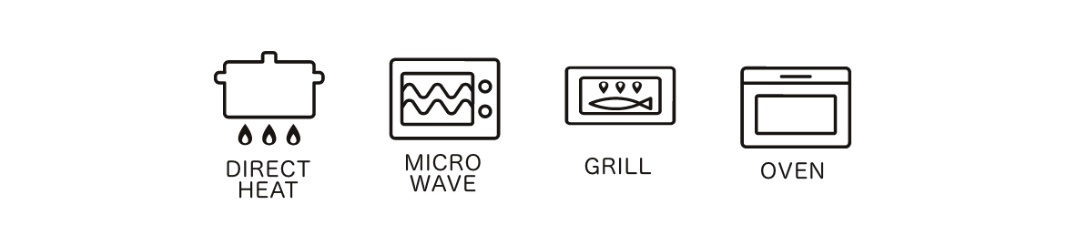 圖示顯示直接加熱、微波爐、烤架和烤箱的符號，文字標示「DIRECT HEAT」、「MICROWAVE」、「GRILL」、「OVEN」，說明產品可承受多種烹飪方式。