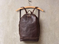 深棕色皮革後背包，簡約褶皺設計，附有金色拉鍊和兩個皮革拉頭，背面有兩個皮革肩帶，懸掛於木質衣架上。