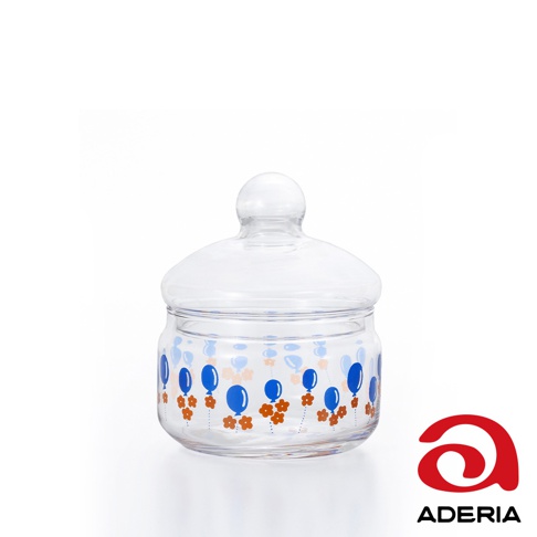 昭和復古玻璃儲物罐，透明玻璃材質，罐身印有藍色氣球及橘色小花的圖案，附有圓形把手的玻璃蓋。