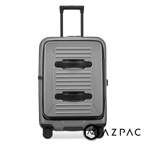 這是一款 AZPAC 品牌的銀灰色 25 吋前開口煞車行李箱，採用直立式設計，正面具有獨特的橫向溝槽紋理與兩個黑色握把設計，並配備可伸縮的頂部拉桿與底部萬向輪，整體呈現簡約現代的商務風格。