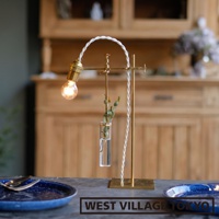 黃銅可夾式玻璃花器，配有彎曲的白色編織電線連接到黃銅燈座，燈泡發光，一個小玻璃試管懸掛在黃銅支架上，內有綠色植物和水。