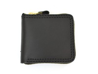 職人手作皮革全包式拉鍊短夾 (WS-40)，黑色皮革，全拉鍊開合，金色拉鍊，黑色縫線。