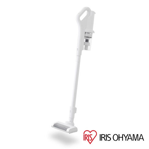 白色直立式充電吸塵器，配備手柄、集塵筒和吸頭，整體為簡約設計。