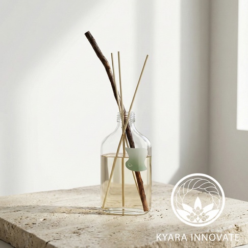KYARA INNOVATE 擴香瓶，內有淺色香氛液和幾根擴香竹，其中一根是較粗的樹枝狀，旁邊有品牌標誌和字樣