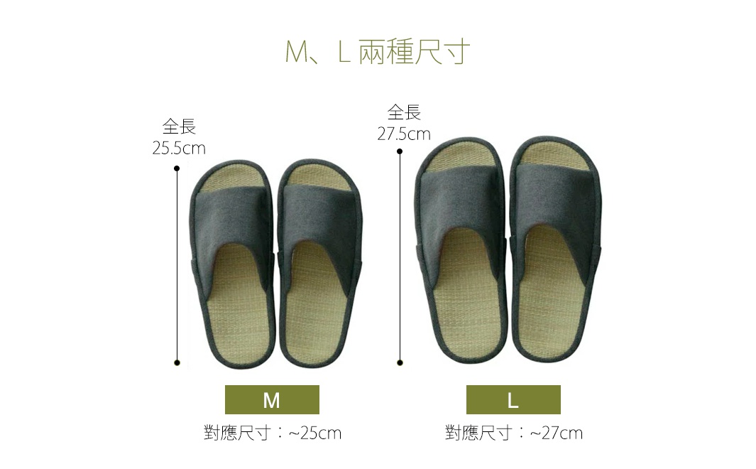 深灰色藺草室內拖鞋，鞋面為布料材質，鞋底為藺草編織，展示M、L兩種尺寸，分別標示全尺寸25.5cm與27.5cm。