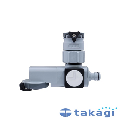 淺灰色塑膠製水龍頭分支蓮蓬頭，帶有黑色鎖定手柄和白色圓形流量指示器，另有黑色固定夾。