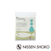 Fucoca. fish 今治純棉廚房擦拭巾，白色魚形圖案，綠色格紋邊緣，標示抗菌、防臭、乾淨易用，100%棉質，日本製。