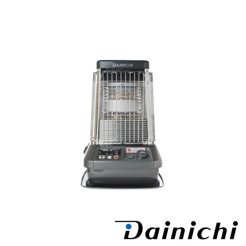 尊爵灰 Dainichi 電子式煤油暖氣機，具備銀色金屬網罩與黑色基座，控制面板上有多個按鈕和一個旋鈕，適合33-50坪空間使用。
