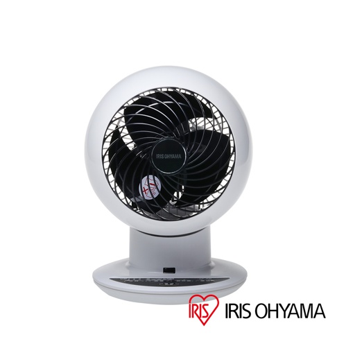 IRIS OHYAMA PCF-SC15T 白色空氣循環扇，圓球形白色機身，黑色扇葉和網罩，底座為淺灰色，帶有控制按鈕和電源開關。