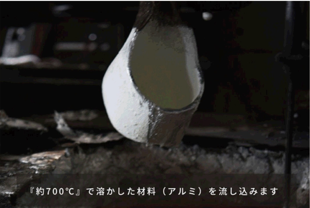 熱壓三明治烤夾的製造過程，展示了白色粉末塗層的烤夾模具，正從上方傾斜，準備注入約 700°C 的熔融鋁液。