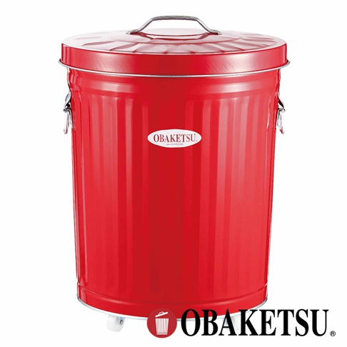 OBAKETSU 品牌紅色附輪垃圾桶，帶有橢圓形標誌和手柄。