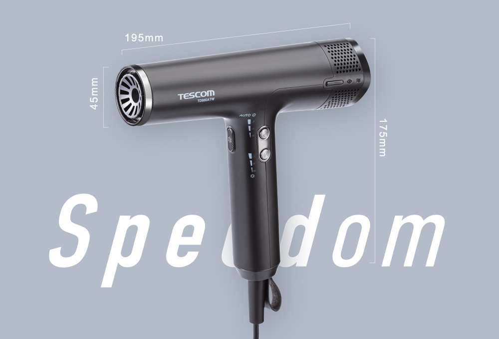 TESCOM TD880A 專業級負離子吹風機，設有 195mm 長度、45mm 和 175mm 尺寸標示，機身為深灰色，具有多段風速及溫度控制按鈕