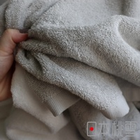 一隻手拿著一條淺灰色的毛巾，毛巾表面有細緻的毛圈，質地柔軟。