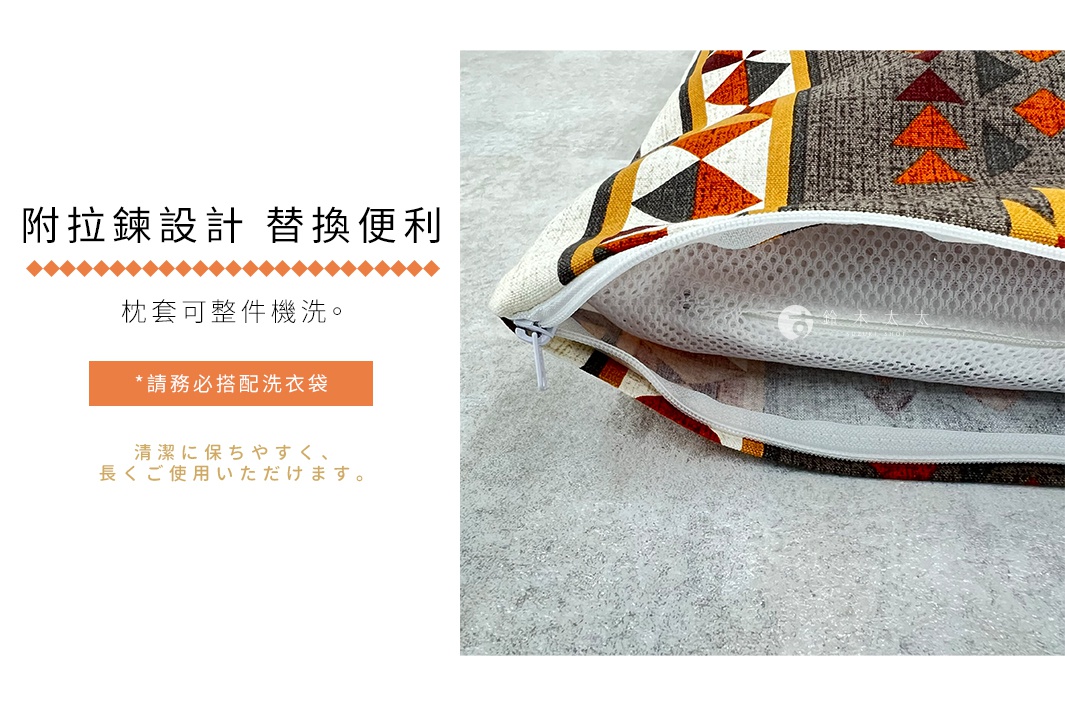 圖片局部特寫，展示一款印有民族風幾何圖騰的織物枕頭，邊緣配有白色拉鍊設計，拉開拉鍊可見內部的白色網狀枕芯結構，文字說明強調枕套可整件機洗並建議使用洗衣袋。