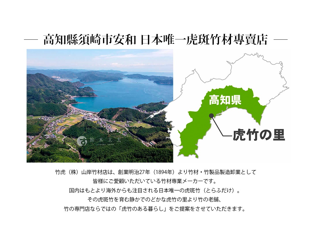 一張鳥瞰圖，展示日本高知縣一個有美麗海灣、綠色山丘和村莊的風景。一旁的地圖標示出高知縣，並指向「虎竹之里」。